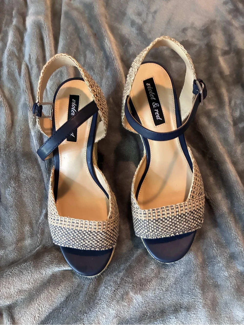 Violet & Red Micah Textured Stylish Espadrille Wedge Sandals in Navy and Tan.